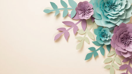 A collection of intricately cut paper flowers in shades of blue, purple, and green, along with delicate leaves, arranged against a soft, light background.の素材