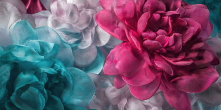 Bright fabric flowers in pink, white, and teal create a vibrant display. The soft textures and layers add depth, showcasing beautiful craftsmanship and decorative appeal.の素材