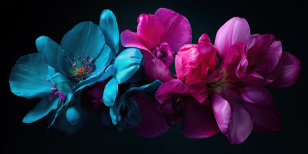 Bright blue and pink flowers are arranged beautifully against a dark background, showcasing their striking colors and delicate petals, creating a stunning visual contrast.の素材
