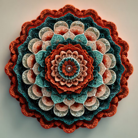 This artwork features a vibrant mandala with layers of intricate designs in shades of orange, teal, and cream.の素材