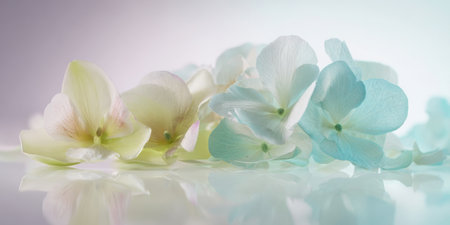 Delicate hydrangea petals in white, soft blue, and pale pink lie gracefully on a smooth surface. The lighting creates a serene and calming atmosphere, highlighting their beauty.の素材
