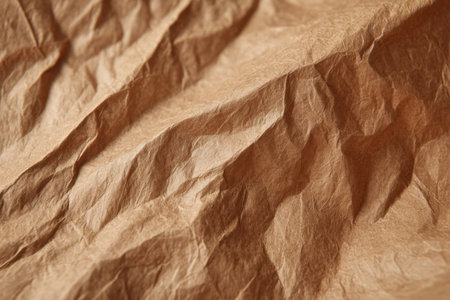 The surface showcases a close-up view of crumpled brown paper, presenting intricate folds and textures that create a natural, organic appearance ideal for art or craft projects.の素材
