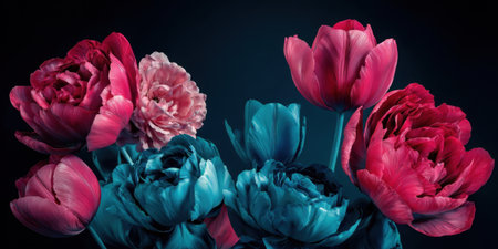 Colorful flowers featuring shades of pink and blue are arranged artistically against a dark background, creating a bold and eye-catching visual composition that showcases their beauty.の素材