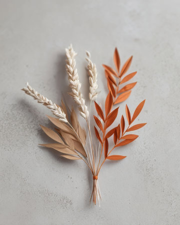 This arrangement features dried flowers in shades of beige, cream, and orange. It highlights the beauty of natural elements in a simple, elegant design on a pale surface.の素材