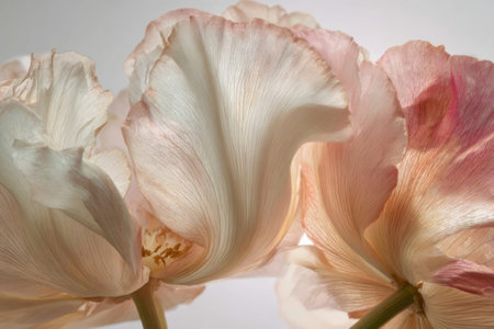Delicate tulip petals in shades of pink and creamfully gracefully curve against a light background, showing their natural beauty and texture in soft lighting.の素材