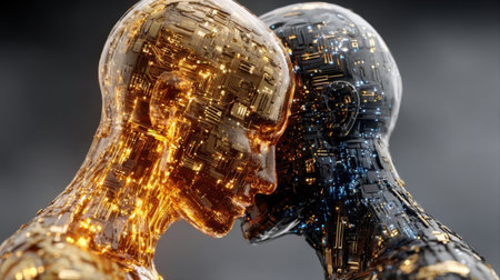 Two humanoid figures, one glowing gold and the other shining silver, lean towards each other as digital energy interacts between them during twilight.の素材