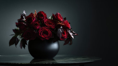 Bright red roses are arranged beautifully in a modern black vase on a dark table. The contrast highlights the flowers vibrant color in low light.の素材