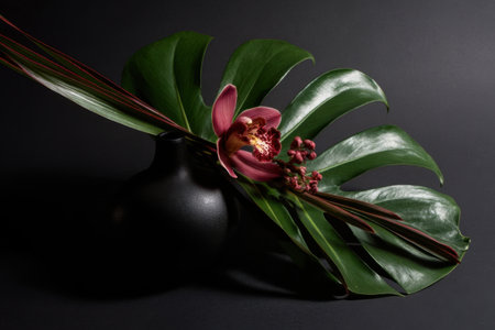 A delicate orchid rests on lush green leaves, beautifully contrasting with a dark background. This arrangement showcases natural beauty and simple elegance.の素材