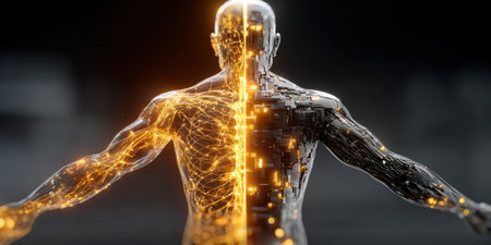 A detailed visual of a human figure merging with technology, showcasing a bright, glowing side and a metallic, circuit-like appearance on the other.の素材