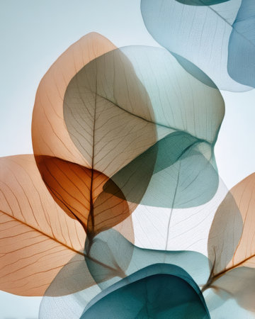 Soft layers of colorful translucent leaves create a gentle composition against a light backdrop, showing natural beauty and delicate details in a serene setting.の素材