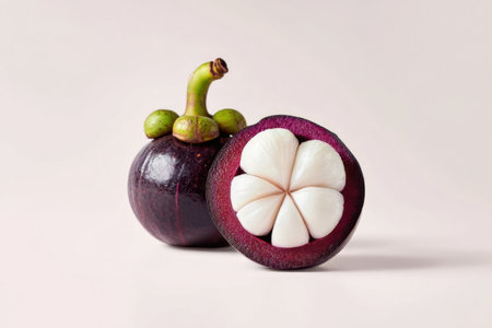 Fresh mangosteen fruit with a purple shell and white inner segments is displayed on a light background, showing its unique texture and color.の素材