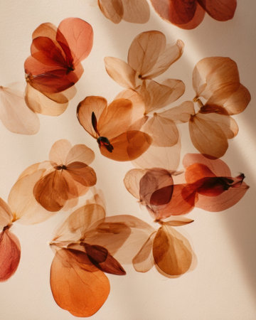 Warm-toned petals lay scattered on a light background, forming an elegant and peaceful arrangement that highlights their delicate beauty and soft textures.の素材