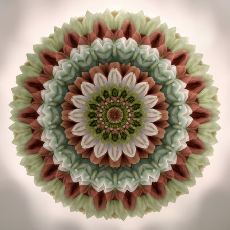 A vibrant mandala made of petals in pink, white, and green tones. The design creates a calming, symmetrical pattern that draws the eye inward.の素材