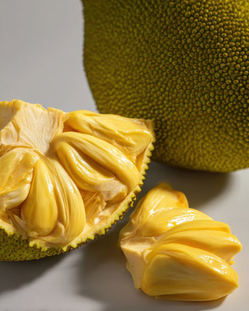 A fresh jackfruit split open shows its golden, juicy flesh. The unique texture of the fruit stands out against its green, spiky exterior.の素材