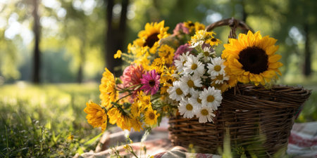 A picnic basket filled with colorful flowers rests on a blanket in a green park. Sunlight filters through the trees, creating a warm, inviting atmosphere.の素材