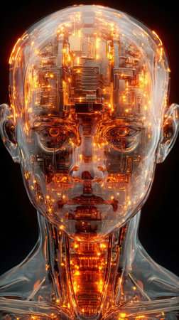 A detailed robotic head features glowing orange circuits embedded in a transparent surface. The setting showcases advanced technology in a dark background.の素材