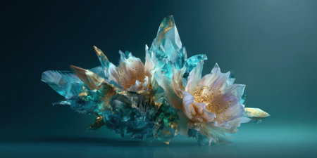 This artwork features delicate flowers emerging from stunning crystal formations. The colors blend harmoniously, creating a serene and elegant atmosphere.の素材