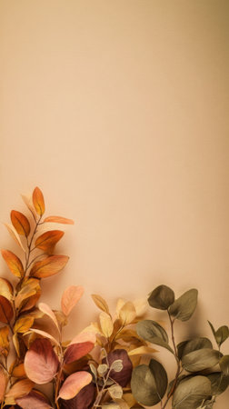 Rich autumn leaves in shades of orange, yellow, and green rest along a smooth light backdrop, showing natures beauty in a simple yet striking arrangement.の素材