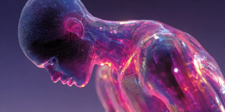 A human-like figure glows with bright colors and visible circuits, creating a modern art piece. The background features a gradient of purple and blue hues.の素材