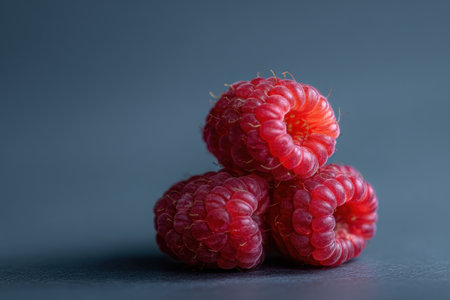 Three bright red raspberries are stacked neatly on a dark background, showing their vibrant color and textured surface in natural lighting.の素材