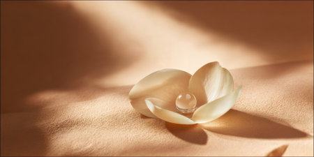 A delicate white petal holds a clear water droplet, resting on a smooth caramel-colored surface. Soft light creates gentle shadows around the petals.の素材