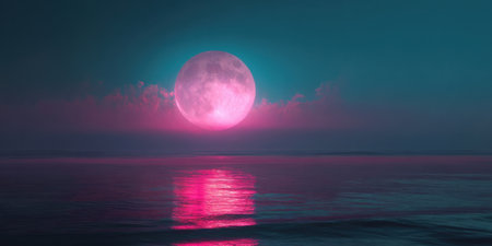 A vibrant full moon glows pink, illuminating the tranquil ocean surface under a dusk sky, casting reflections and soft colors across the water.の素材