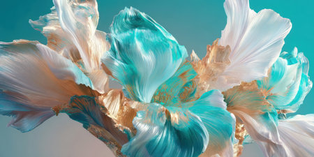 Colorful petals blend hues of turquoise and gold, creating an eye-catching abstract flower. This stunning artwork showcases dynamic textures and shapes.の素材