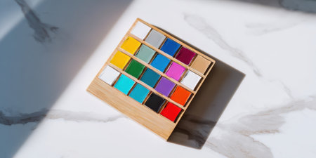 A wooden palette holds an assortment of vibrant watercolor paints arranged neatly. Sunlight streams in, highlighting the colors on a light marble surface.の素材