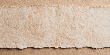 A piece of textured, uncolored paper lies on a light brown surface, showing its rough edges and natural fibers, ideal for art and craft projects.の素材