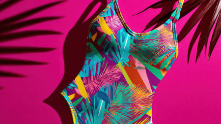 A colorful swimsuit featuring palm leaf patterns rests against a bold pink backdrop. The design highlights summer vibes and tropical style.の素材