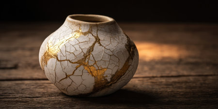 This stunning ceramic vase displays intricate cracks filled with gold, resting on a rustic wooden surface, creating a beautiful contrast in texture and color.の素材
