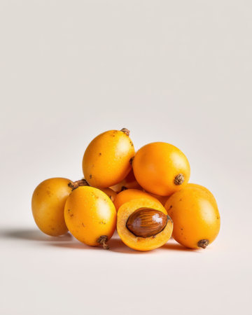 A small group of ripe loquats are arranged on a light surface. One fruit is cut in half, showing its soft texture and pit interior.の素材