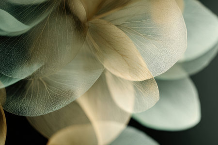 Translucent leaves with intricate textures display soft colors in gentle lighting, creating an ethereal and tranquil atmosphere that captivates the viewer.の素材