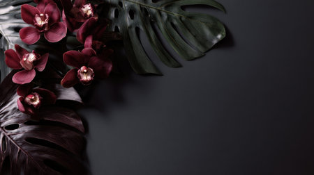 Deep red orchids rest among vibrant green leaves on a dark background, showing a beautiful contrast of colors and textures in a floral arrangement.の素材