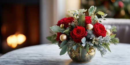 A lovely floral arrangement featuring vibrant red roses and greenery sits on a marble table. Soft lighting from a fireplace creates a cozy ambiance.の素材