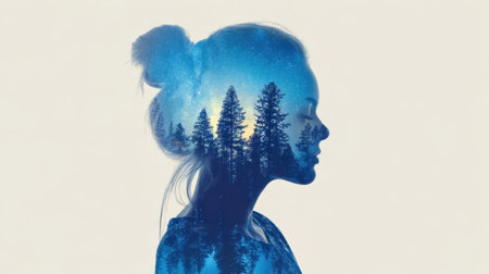 A silhouette of a girl features a beautiful forest scene within. The setting reflects a calm and serene atmosphere, showing the blend of nature and humanity.の素材