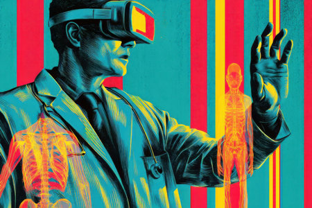 A doctor in a white coat wears virtual reality goggles while interacting with 3D holograms of human skeletons, showing medical technology and innovation.の素材