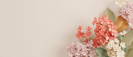 Brightly colored paper flowers in various shapes are neatly arranged on a soft light background, creating a cheerful and artistic display for decoration.の素材