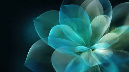 A vibrant, flowing flower-like design features soft, translucent shapes in shades of blue and green, creating a soothing and calming visual effect.の素材