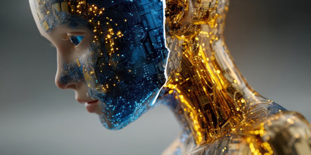 A humanoid robot displays intricate glowing circuits in blue and gold. Its face shows a blend of technology and human features, highlighting advanced design.の素材
