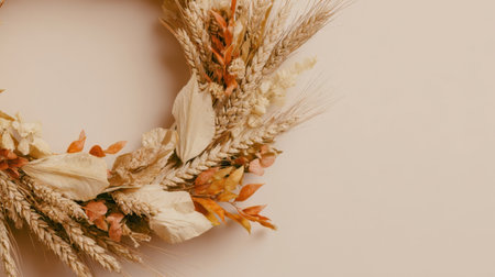 A beautiful autumn wreath created with dried flowers, wheat, and leaves hangs against a soft neutral wall for seasonal home decor inspiration.の素材