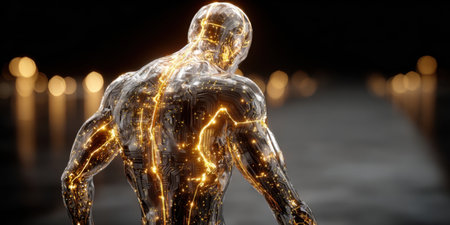 A detailed human figure made of transparent material with glowing circuit designs.の素材