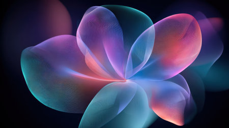 A vibrant abstract flower design with smooth curves in pink, blue, and purple against a dark backdrop, exuding elegance and motion.の素材