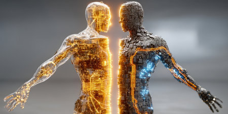 Two humanoid figures stand facing each other, one glowing with lights and patterns symbolizing technology, the other made of dark, mechanical components.の素材