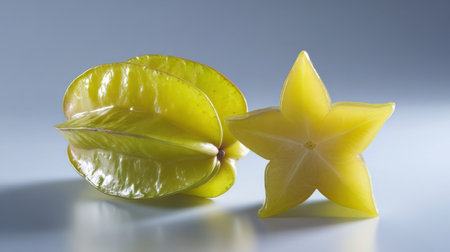 Bright green starfruit and fresh leaves are displayed on a soft blue surface, showing their unique shapes and vibrant colors in a simple composition.の素材