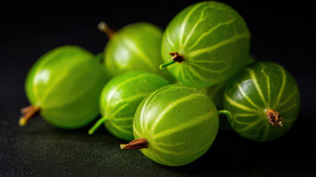 A cluster of bright green gooseberries sits against a dark backdrop, showing their smooth skin and subtle stripes. The vibrant colors highlight freshness.の素材