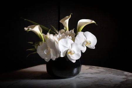 A stunning display of white orchids and calla lilies arranged beautifully in a black vase rests on a marble table, highlighting simplicity and elegance.の素材