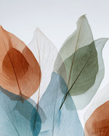Translucent leaves in shades of orange, blue, and green overlap against a soft background. The leaves display intricate veins and delicate textures.の素材