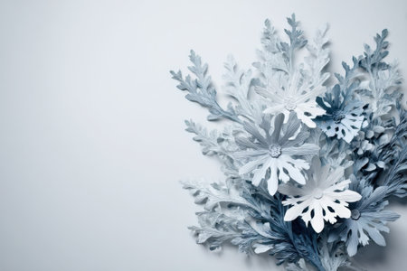 A stunning arrangement of white flowers and leaves stands against a light background, showing intricate details and soft shades, perfect for decoration.の素材