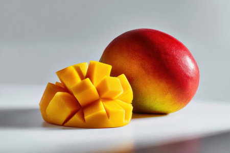 A whole ripe mango sits beside a neatly sliced portion revealing juicy yellow flesh. Light reflects off the smooth surface creating a vibrant look.の素材